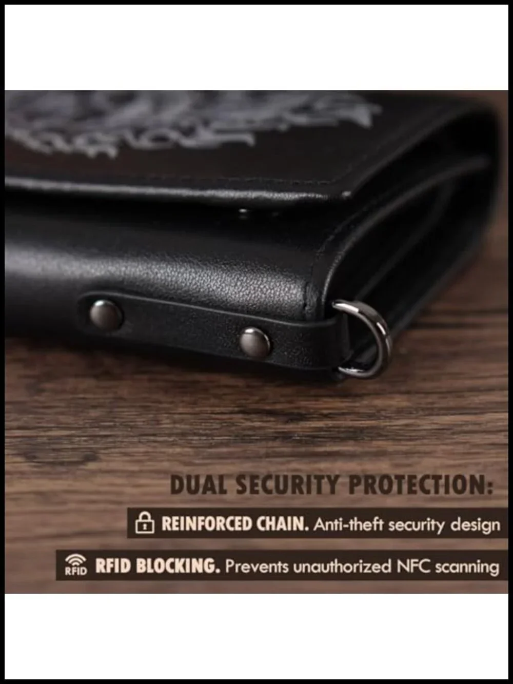 Men's Skull Trifold Wallet with Detachable Chain RFID Blocking Full-Grain